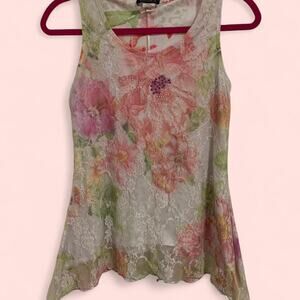Y2K Brittany Black Lace Tank Top Pink and White with floral design Size Small